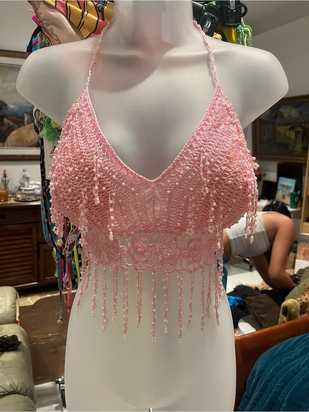 Pink Beaded Crochet Halter Crop Top with Fringe vintage